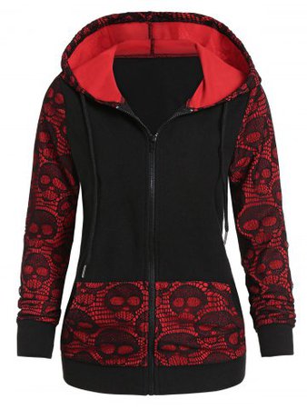 Skull Graphic Lace Panel Zip Up Hoodie