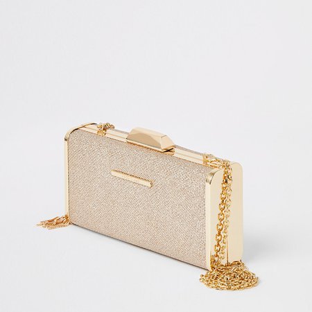 Gold glitter cliptop box clutch bag | River Island