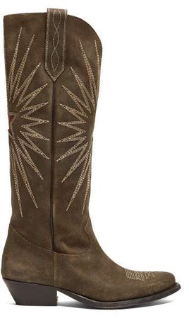 Wish Star Embroidered Suede Boots - Womens - Khaki Multi