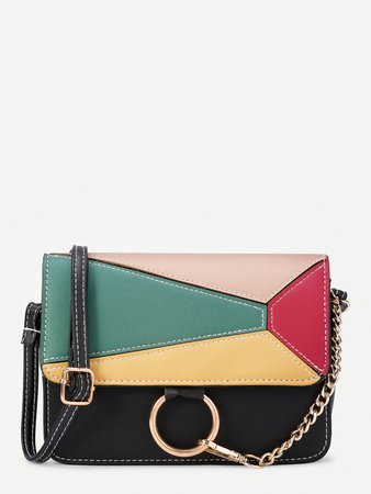 Ring Design Color Block Flap PU Shoulder Bag