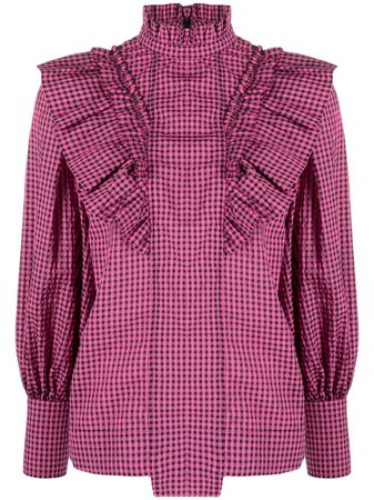 GANNI check-pattern long-sleeve blouse - FARFETCH