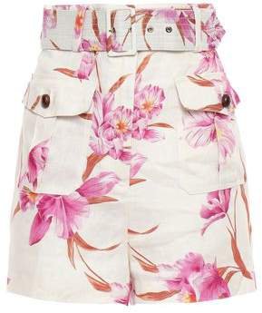 Belted Floral-print Linen Shorts