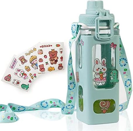 Kawaii Water Bottle for Kids Cute Water Bottles with Straw Portable Square Drinking Bottle, Leakproof Water Jug for Girls, 30 oz (Green-900ml) https://a.co/d/e3qeWmn