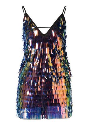 Petite Metallic Fringe Sequin Slip Dress | Boohoo