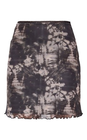 Black Tie Dye Print Lettuce Hem Skirt | PrettyLittleThing