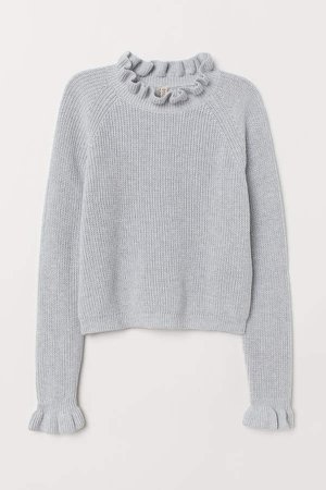Knit Sweater with Ruffle Trim - Gray