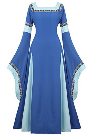 Womens Renaissance Cosplay Costume Medieval Irish Over Dress and Chemise Boho Set Gothic High Waist Gown Dress Blue-M | WantItAll