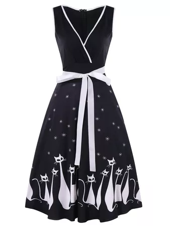 2018 Retro Cat Print Midi Pin Up Dress BLACK S In Print Dresses Online Store. Best Open Dress For Sale | DressLily.com