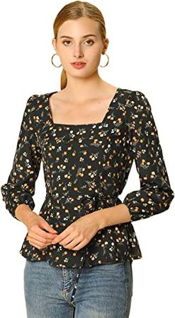 Allegra K Women's Floral Print Top Square Neck Long Sleeves Tie Waist Blouse X-Small Black at Amazon Women’s Clothing store