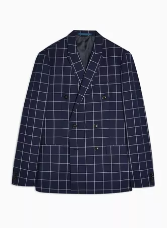 Navy Windowpane Check Double Breasted Skinny Fit Suit Blazer with Peak Lapels | Topman
