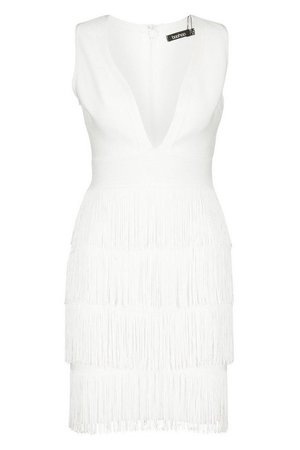 Boutique Bandage Fringe Bottom Mini Dress | Boohoo white