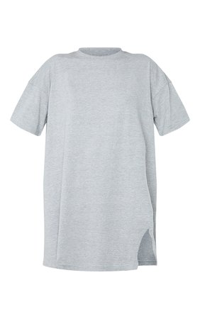 Grey Double Raw Edge Split Hem T Shirt Dress | PrettyLittleThing