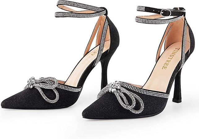 Amazon.com: TINSTREE Black Rhinestone Heels,Women's Pointed Toe High Heels Wedding Party Brides Pumps Backless Strappy Heels Sparkling Stilettos Heel Shoes with Jewel Buckle Bow Kitten Heel Black,05 : Clothing, Shoes & Jewelry