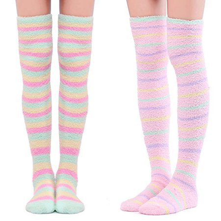 Littleforbig Cute Coral Fleece Thigh High Long Striped Socks 2 Pairs at Amazon Women’s Clothing store