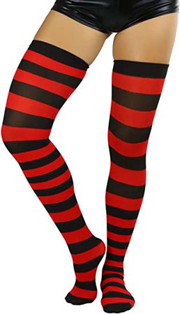 ToBeInStyle Women’s Vibrant Horizontal Wide Striped Thigh High Stockings - Black/Red at Amazon Women’s Clothing store