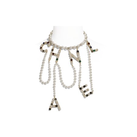 Metal, Glass Pearls & Strass Gold, Pearly White, Crystal & Multicolor Necklace | CHANEL