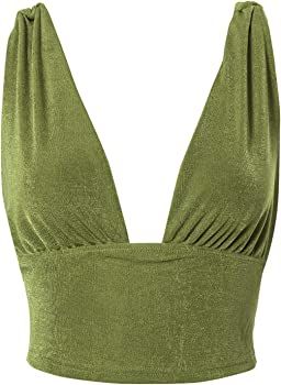 LYANER Women's Sexy Deep V Neck Slim Fitted Strap Crop Cami Tank Sleeveless Top Green Small at Amazon Women’s Clothing store