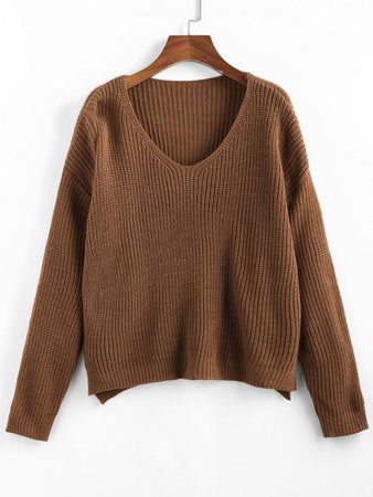 [35% OFF] 2020 ZAFUL V Neck Drop Shoulder Slit Sweater In COFFEE | ZAFUL