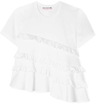 Asymmetric Ruffled Cotton-jersey T-shirt - White