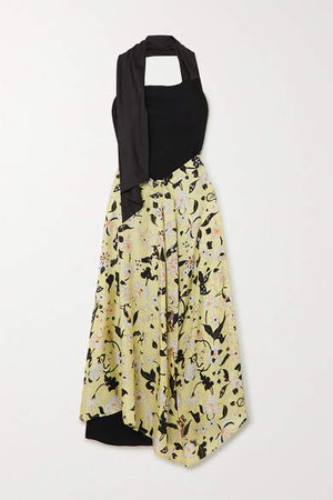 Draped Floral-print Silk-twill And Crepe Halterneck Maxi Dress - Black