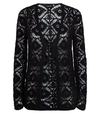 Black Crochet Tie Front Cardigan | New Look