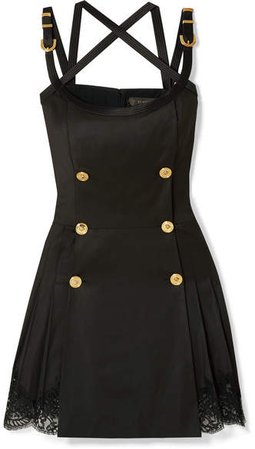 Button-embellished Satin And Lace-trimmed Wool-blend Twill Mini Dress - Black