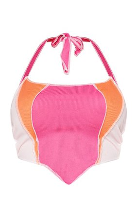 Shape Hot Pink Rib Panel Side Halterneck Crop Top | PrettyLittleThing USA