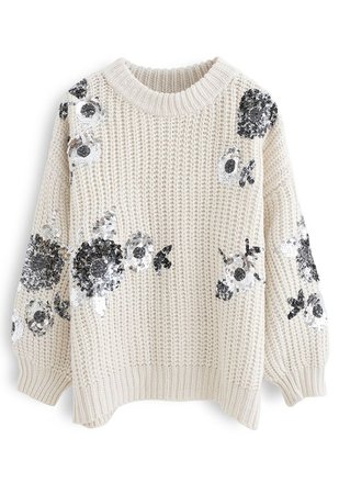 Sequin Floral Ribbed Chunky Knit Sweater in Ivory - Retro, Indie and Unique Fashion