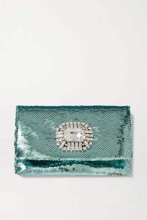 Titania Crystal-embellished Sequined Satin Clutch - Green