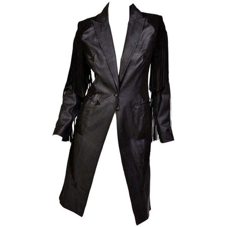 *clipped by @luci-her* F/W 2003 VINTAGE VERSACE BLACK LEATHER COAT with FRINGE For Sale at 1stDibs