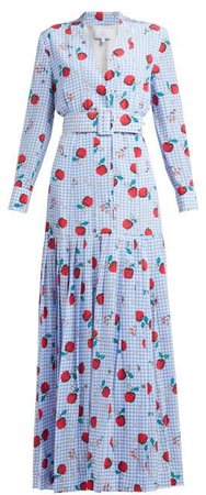 Apple Print Gingham Silk Dress - Womens - Blue Multi