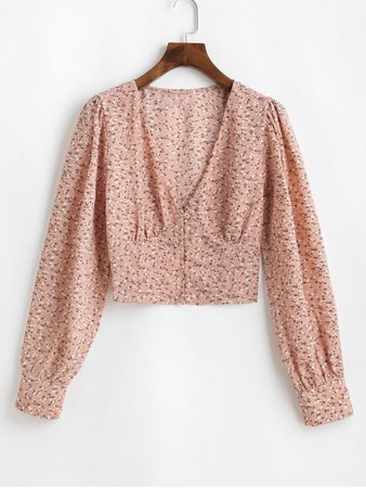 [31% OFF] [POPULAR] 2020 Button Loop Cropped Ditsy Floral Blouse In PINK | ZAFUL Europe