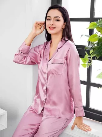 Contrast Binding Button Up Pajama Set | SHEIN