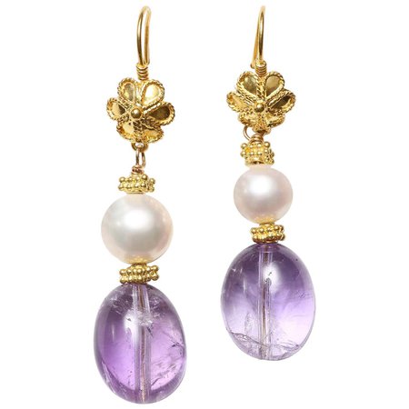 Amethyst Pearl Gold Dangle Earrings For Sale at 1stDibs