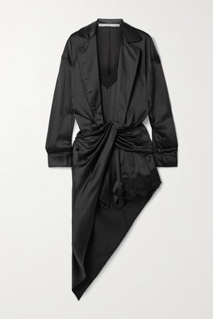 Black Layered draped twist-front lace-trimmed silk-satin playsuit | Alexander Wang | NET-A-PORTER