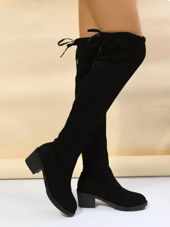 Suedette Bow Decor Chunky Heeled Sock Boots | SHEIN USA