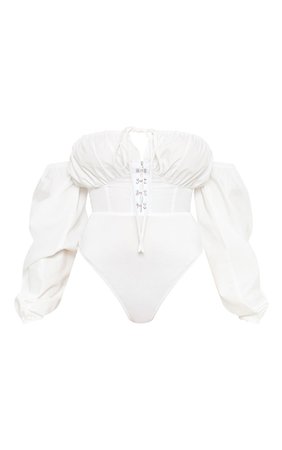 Petite White Hook & Eye Bardot Bodysuit | PrettyLittleThing