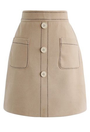 Contrasted Pockets Buttoned Mini Skirt in Tan - Retro, Indie and Unique Fashion
