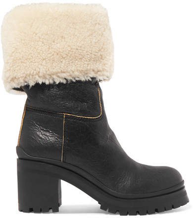 Shearling-trimmed Leather Boots - Black