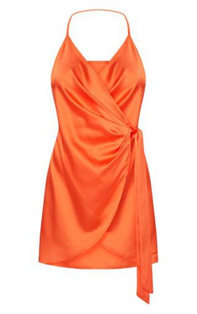 Orange Satin Halterneck Wrap Bodycon Dress | PrettyLittleThing USA