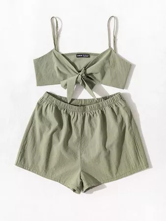 green Tie Front Cami Top and Shorts Set | SHEIN USA