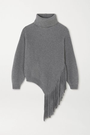 Gray Oversized fringed ribbed cashmere and wool-blend sweater | Stella McCartney | NET-A-PORTER