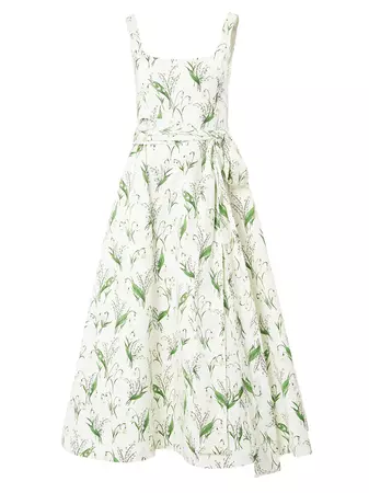 Shop Carolina Herrera Floral Tie-Waist A-Line Midi-Dress | Saks Fifth Avenue