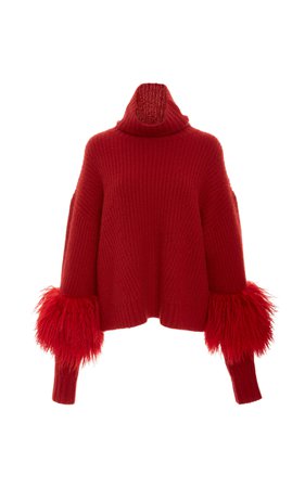 Sally LaPointe Shearling-Detailed Cashmere Turtleneck Sweater