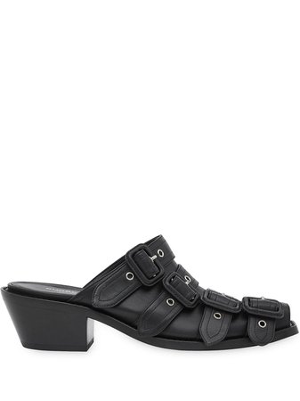 Burberry Buckled Leather Peep-Toe Mules