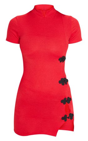 Red High Neck Short Sleeve Oriental Bodycon Dress | PrettyLittleThing USA