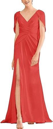 Women's V-Neck Mermaid Prom Dresses Long Satin Formal Dress Slit Evening Party Gowns with Cape at Amazon Women’s Clothing store