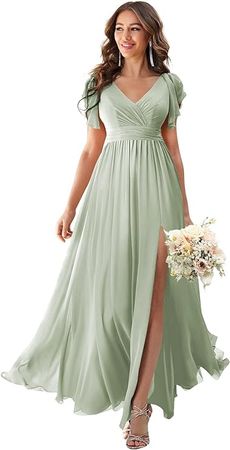 Amazon.com: Loyeloy V-Neck sage Green Short Sleeve Bridesmaid Dresses for Women Chiffon Long High Slit Formal Dress with Slit 6 : Clothing, Shoes & Jewelry