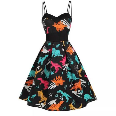 Women Summer Dinosaur Print Dress Sleeveless Knee Length Sling Swing Party Dress Black S - Walmart.com