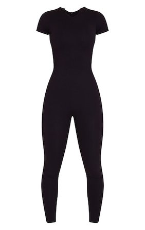 Black Structured Contour Rib Short Sleeve Jumpsuit | PrettyLittleThing USA